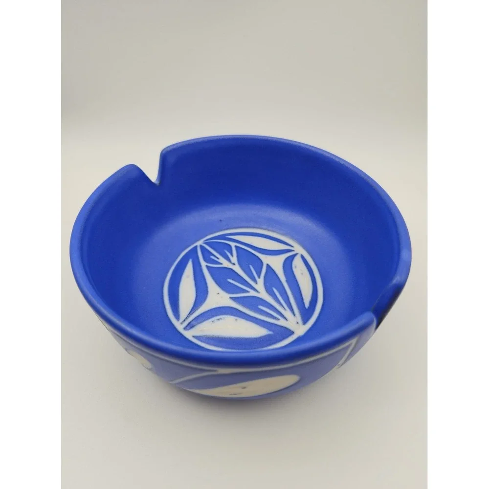 Vintage Pablo Zabal Chile Ceramic Ashtray Blue Sgraffito Leaf Mid Century Modern